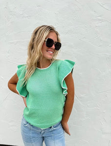 Ruffle Sleeve Sweater Top Green