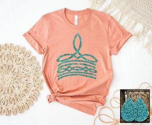 Turquoise Squash Blossom Boot Stich on Coral Tee