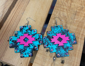 Hexagon Turquoise and Pink Earrings