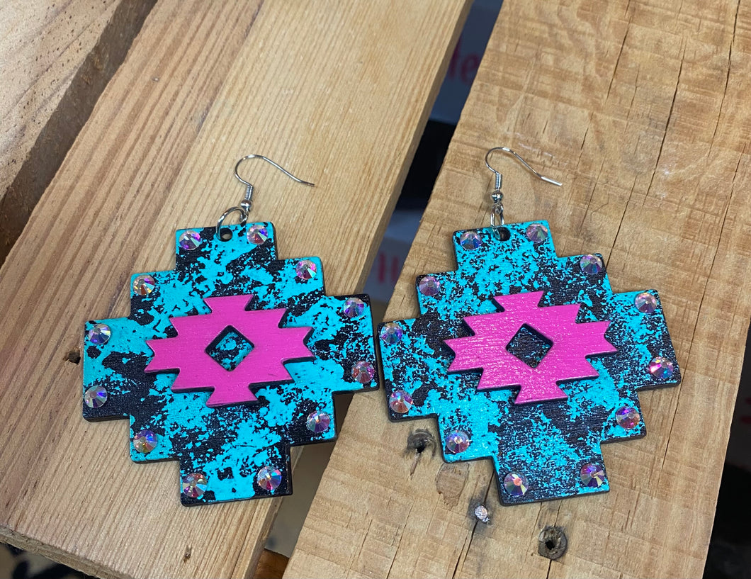 Hexagon Turquoise and Pink Earrings