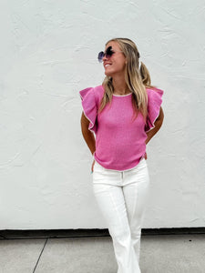 Ruffle Sleeve Sweater Top Pink