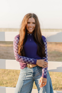She Fancy Checked in Purple Rhinestone Mesh Top