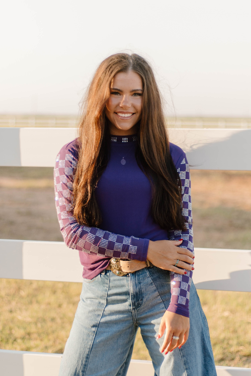 She Fancy Checked in Purple Rhinestone Mesh Top