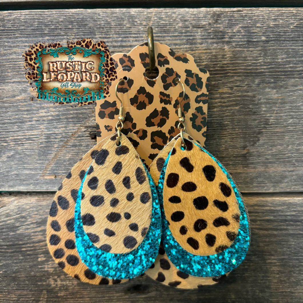 Layered Turquoise Glitter Leopard Earrings