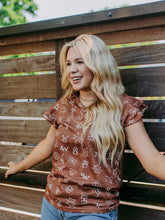 Load image into Gallery viewer, Branded in Brown Ruffle Sleeve Top
