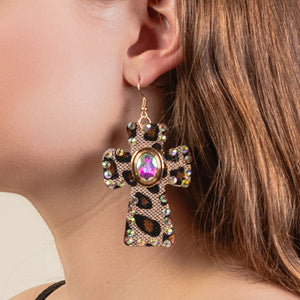 Rose Gold Leopard Cross Earrings